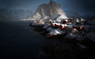 Картинка Adnan Bubalo, природа, снег, горы, Норвегия, океан, зима, дома, пейзаж, камни, скалы