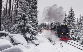 Картинка зима, Паровоз, дорога, жд, поезд