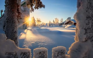 Картинка природа, снег, зима, забор, деревья, дом