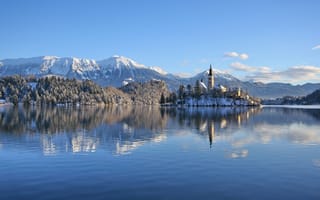 Картинка Словения, Природа, Снег, Bled, Зима, Озеро, castle, Альпы, Замок, Lake, Горы