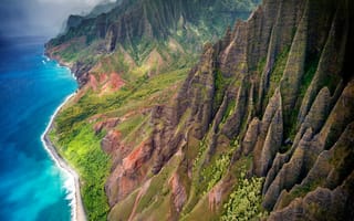 Картинка природа, тихий океан, облака, Гавайи, берег, пейзаж, небо, горы, океан, побережье
