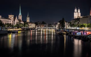 Картинка Zurich, Zurich cityscape, Switzerland, landmark, bridges, evening, river, Swiss cities, night, Lake Zurich