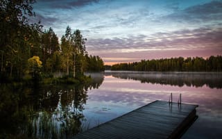 Картинка Финляндия, озеро, пейзаж, утро, берега, мосток, природа, леса