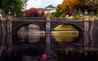 Картинка осень, Япония, река, пейзаж, деревья, фонари, Токио, японка, дворец, мост, женщина, здание