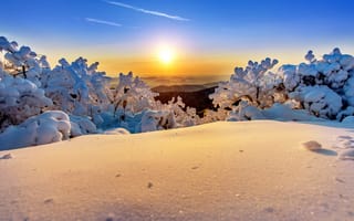 Картинка зима, утро, рассвет, деревья, заповедник, Deogyusan, Тогюсан, солнце, небо, пейзаж, снег, природа, национальный парк, горы, Южная Корея