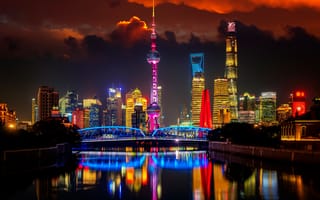 Картинка Шанхай, Китай, Tower, Pearl, Город, River, Oriental, Башня, Ночь, Huangpu