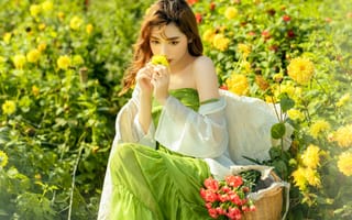Картинка девушка, корзинка, цветы