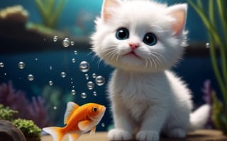 Картинка котенок, рыбка, 3d