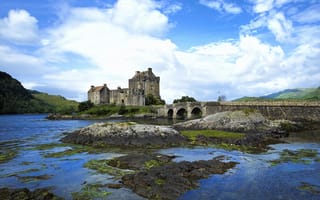 Картинка небо, шотландия, замок эйлиан донан, облака, вода, замок