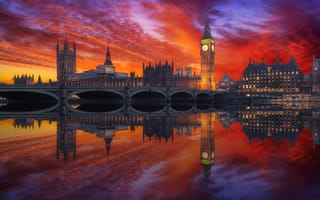 Картинка закат, биг-бен, англия, отражение, лондон, мост
