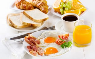 Картинка фрукты, яичница, сок, кофе, завтрак, хлеб, бекон