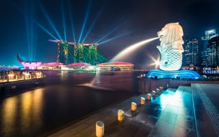 Картинка ночь, блики, сингапур, марина бей, marina bay sands, мерлион