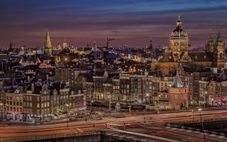 Картинка огни, канал, город, дома, вечер, амстердам, нидерланды
