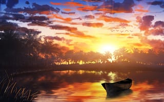 Картинка лодка, рисунок, закат, озеро