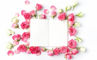 Картинка Розовые розы с белым листом, шаблон для открытки