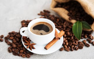 Картинка Чашка кофе с корицей, бадьяном и кофейными зернами