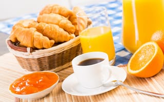 Картинка кофе, напиток, еда, вкусная, завтрак, круасcан, выпечка, апельсин, цитрус, фрукт, джем