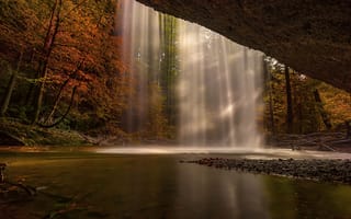 Картинка водопад, природа, скала, лес, деревья, дерево, осень, река