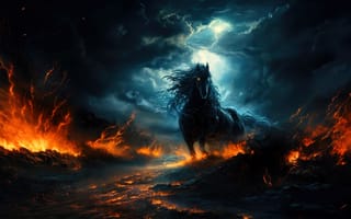 Картинка лошадь, конь, лошади, животные, вороной, огонь, пламя, ночь, темный, темнота, арт, рисунок