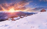 Обои: пейзаж, лес, облака, панорама, горы, дома, зима, снег, солнце, природа, холод