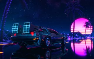 Картинка DeLorean, DMC DeLorean, Назад в будущее, ретро, машины, машина, тачки, авто, автомобиль, транспорт, Retrowave, Синтвейв, Ретровейв, арт, ночь, темнота