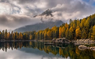 Картинка природа, горы, озеро, осень, лес, отражение, пейзаж, облака, спокойствие, пейзажная фотография