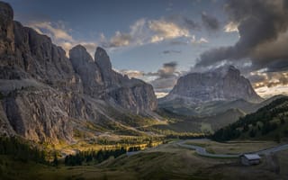 Картинка горы, пейзаж, природа, долина, облака, дорога, закат