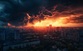Картинка город, города, здания, современный, вечер, закат, заход, облака, туча, облако, тучи, небо, облачно, облачный