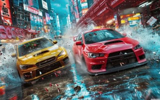 Картинка машины, гонка, город, ночь, вода, спорт, яркие цвета, дождь, адреналин, технологии