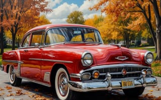 Картинка автомобиль, классика, осень, красный, пейзаж, природа, город