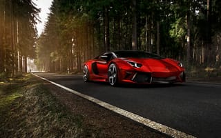 Картинка автомобиль, красный, природа, дорога, лес, спорткар, пейзаж