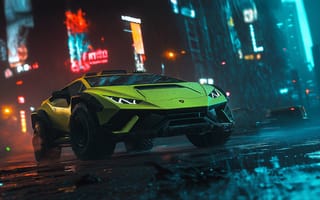 Картинка Lamborghini Huracan, Lamborghini, Ламборджини, Ламборгини, Huracan, машины, машина, тачки, авто, автомобиль, транспорт, спорткар, спортивный, арт, рисунок, зеленый, ночь, город, здания, огни, подсветка