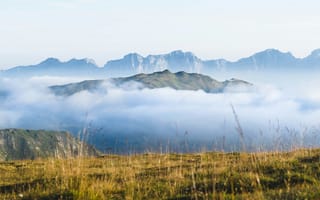 Картинка горы, облака, природа, пейзаж, трава, небо, восход