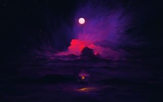 Картинка ночь, луна, дом, облака, пейзаж, космос, темнота, свет, фантазия, арт