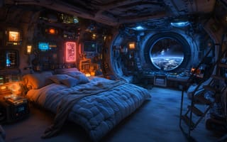 Картинка космос, кровать, интерьер, освещение, окно, технологии, футуризм, спальня, планета, декор