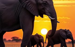 Картинка слоны, закат, природа, африка, животные, пейзаж, семья