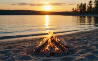 Картинка костер, закат, пляж, природа, водоем, отдых, песок