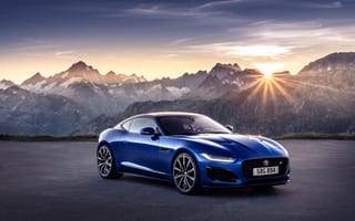 Картинка автомобиль, пейзаж, горы, солнце, синий, спорткар, природа, фото, обои, Jaguar