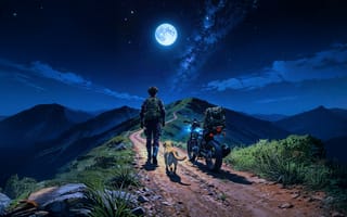 Картинка ночь, пейзаж, горы, мотоцикл, человек, собака, луна, звезды, природа, приключение