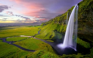 Картинка водопад, природа, пейзаж, Исландия, горы, небо, зелень, река, закат, красота