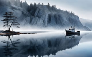 Картинка озера, озеро, природа, вода, пейзаж, скала, лодка, корабль, вечер, отражение
