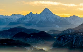 Картинка горы, пейзаж, природа, закат, снег, туман, альпийские