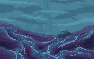 Картинка Pixel Art, пиксель, пиксельный, корабль, море, океан, волна, шторм, рисованные, арт