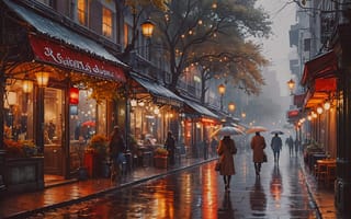 Картинка осень, осенние, время года, сезоны, сезонные, пейзаж, природа, дорога, город, здания, улица, вечер, дождь, лужа, отражение