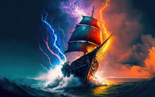 Картинка лодка, парусник, парус, корабли, корабль, море, океан, вода, волна, шторм, молния, ночь