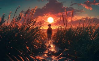 Картинка закат, природа, аниме, девочка, пейзаж, трава, солнце, путь, красота, мир