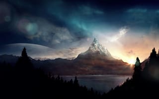 Картинка горы, гора, природа, вершина, вода, озеро, пруд, ночь, темнота