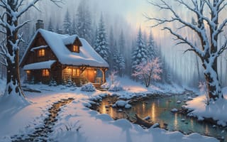 Картинка зима, зимние, время года, сезоны, сезонные, снег, лес, деревья, дерево, природа, дом, река, AI Art, ИИ арт, цифровое, арт, сгенерированный, AI, ИИ
