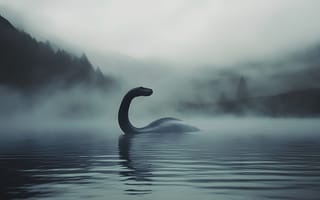 Картинка Несси, Лох-несс, динозавр, чудище, фантастика, озера, озеро, природа, вода, пейзаж, облачно, облачный, облако, облака, туман, дымка