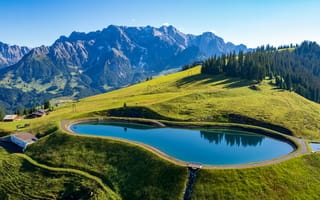 Картинка горы, гора, природа, пейзаж, озеро, пруд, вода, лес, деревья, дерево